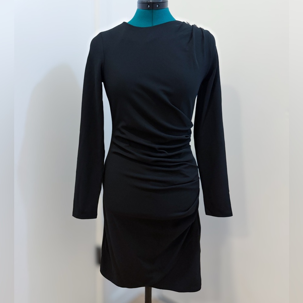 Express Elegant Black Long Sleeve Dress with Embellished Buttons on Shoulder